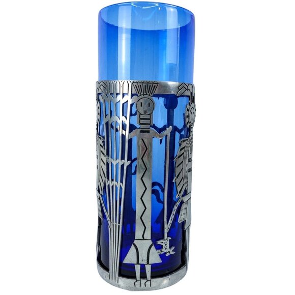Kachina Candle Holder Cobalt Blue Glass Vase Tin Pewter Wrap Universal Pewter - Picture 3 of 14